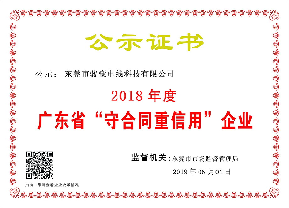 w66电线荣获2018年度广东省“守条约重信用”企业证书